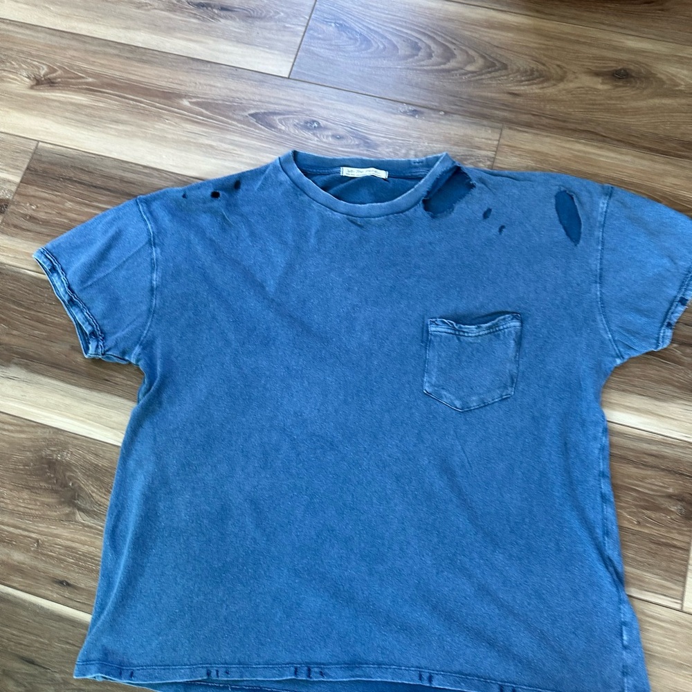 Free People Distressed Blue T-Shirt with Pocket
